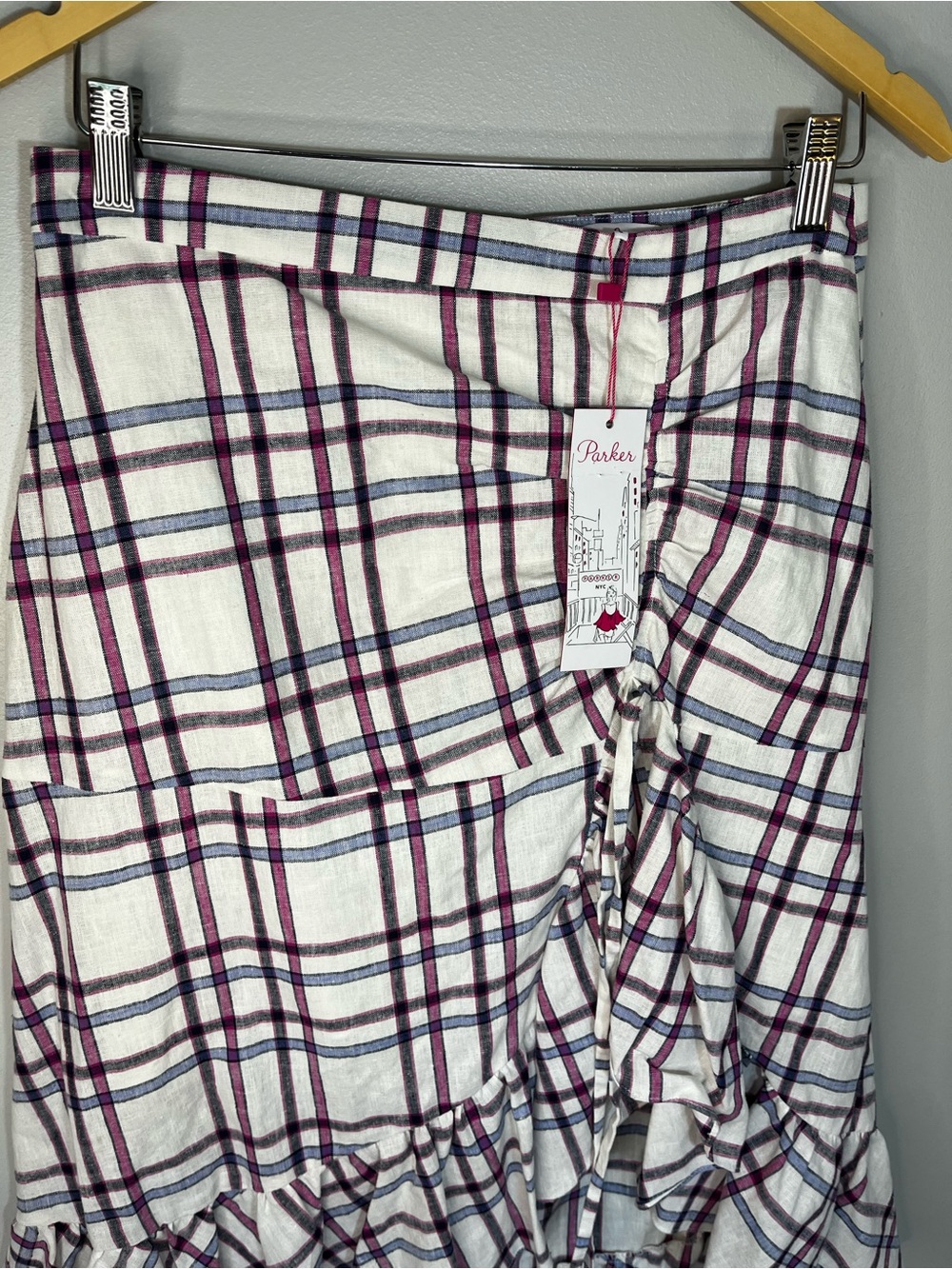 NWT Parker Linen-Cotton Plaid Hi-Low Ruffled Shirred Women’s Size 8 - Picture 5 of 12
